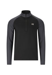 Svart tröja i slät tyg med en halv dragkedja vid kragen. Har randiga grå detaljer p å ärmarna och en liten vit logotyp på bröstet.