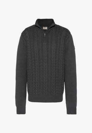 Suéter de punto grueso color gris oscuro con cuello de cremallera hasta el pecho, puños y dobladillo acanalados. Fabricado con una tela texturizada y diseño clásico.