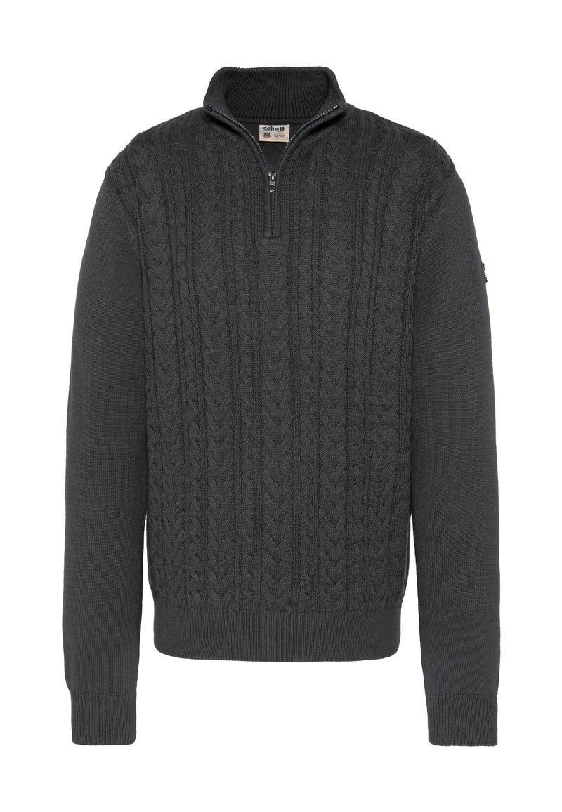 Ciemnoszary sweter o splocie kablowym z kołnierzem na zamek do ćwiartki, ściągaczami na mankietach i u dołu. Wykonany z teksturowanej tkaniny o klasycznym kroju.