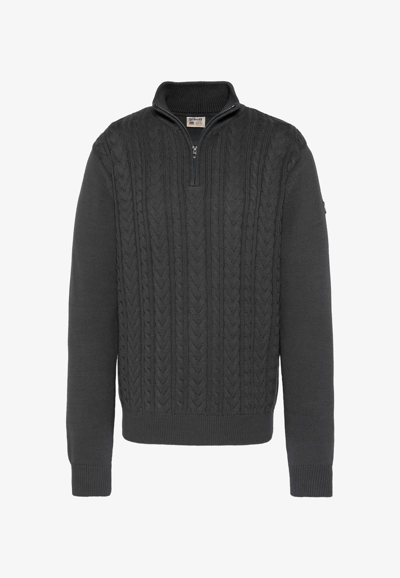 Ciemnoszary sweter o splocie kablowym z kołnierzem na zamek do ćwiartki, ściągaczami na mankietach i u dołu. Wykonany z teksturowanej tkaniny o klasycznym kroju.