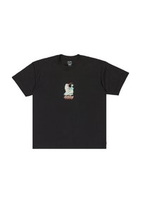 Sort bomulds T-shirt med korte ærmer, der har et centralt grafisk motiv i lys blå og orange, som viser et stiliseret design og tekst.