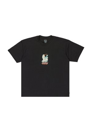 Black cotton t-shirt with short sleeves, featuring a central graphic in light blue and orange, depicting a stylized design and text.