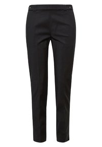 Svarta skräddarsydda byxor med slim fit, som har en slät yta, platt fram och två subtila sidofickor. Detaljerade med metallbeslag.