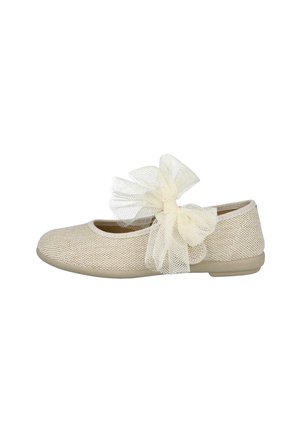 Bailarinas de color beige claro hechas de material de malla, con un gran lazo decorativo de tul en el costado y una suela de goma flexible.