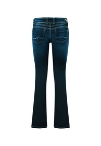Jeans bootcut blu scuro mostrati da dietro con due tasche posteriori e motivi ondulati chiari cuciti sulle tasche.