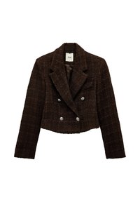 Braune Tweed-verkürzte Doppelreiherjacke mit einem Reverskragen, silbernen Knöpfen und einer strukturierten Oberfläche. Gefüttertes Interior in einer einfarbigen Ausführung.