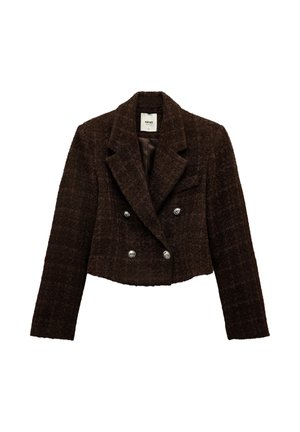 Chaqueta corta de tweed marrón, de doble botonadura, con un cuello con muescas, botones plateados y un acabado texturizado. Interior forrado en un color liso.