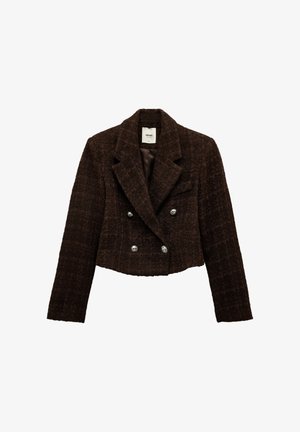 Chaqueta corta de tweed marrón, de doble botonadura, con un cuello con muescas, botones plateados y un acabado texturizado. Interior forrado en un color liso.