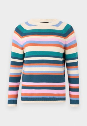 Cotton sweater with a crew neck, featuring horizontal stripes in teal, pink, orange, cream, and blue. Textured knit with ribbed cuffs.