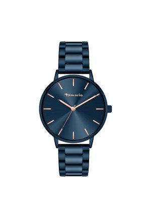 Montre métallique bleu marine avec un cadran rond lisse, des accents en or rose et un bracelet à maillons. Présente des index horaires minimalistes.