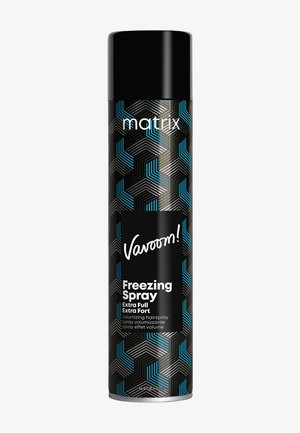 Schwarze Dose Matrix Vavoom Freezing Spray Haarspray mit blauem und grauem geometrischem Muster und weißem Text auf dem Etikett.