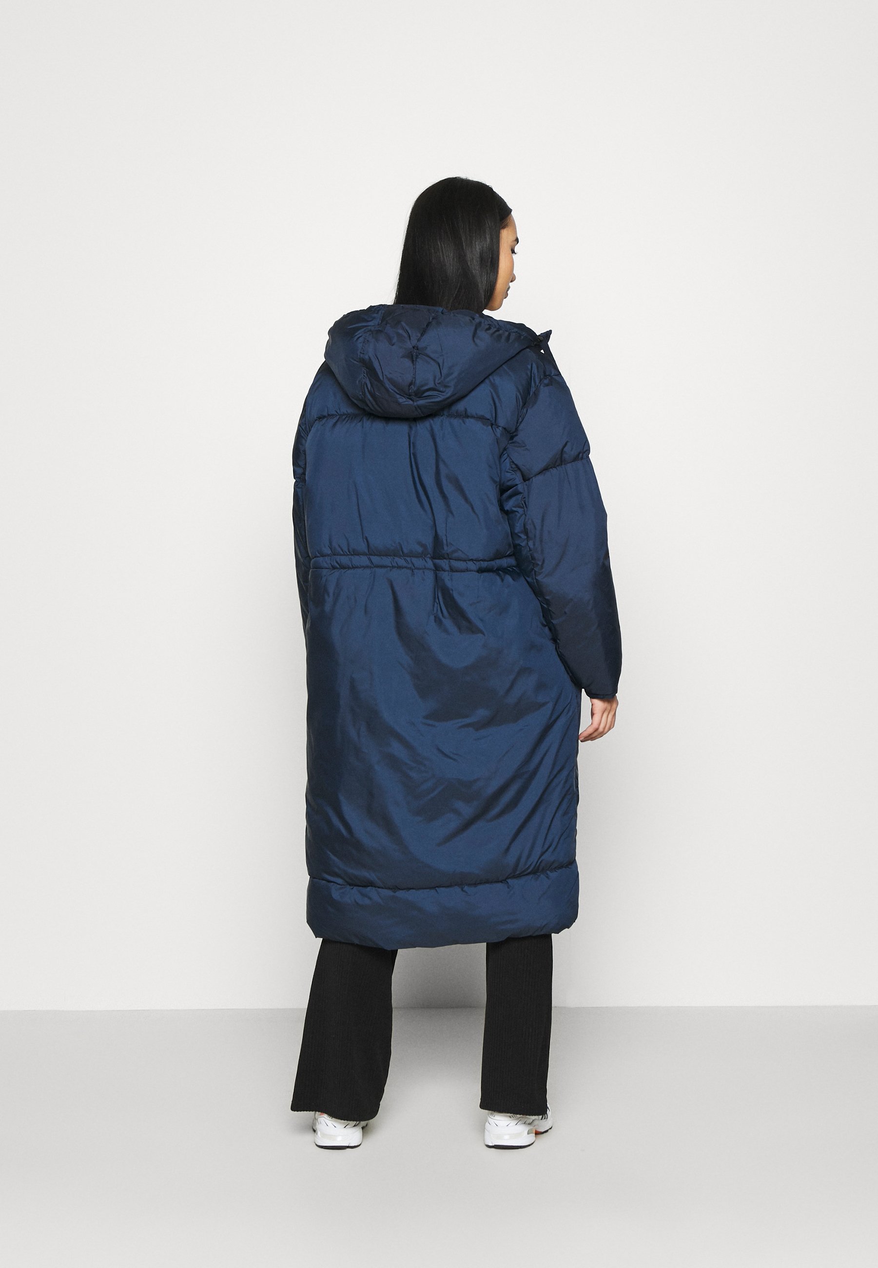 long navy down coat