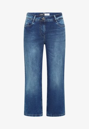 Modré cropované džíny z denimu s předním knoflíkem, zapínáním na zip a pětidírovým designem, s mírným vyblednutím na stehnech a kolenou.