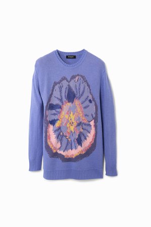 Crewneck sweater in light purple with a large floral design featuring blue, pink, and yellow colors. Textured knit with ribbed cuffs.