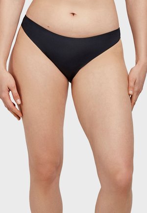 Bas de bikini noir avec une texture lisse et extensible. Présente une coupe taille basse et un design à couverture minimale, adapté pour le maillot de bain.