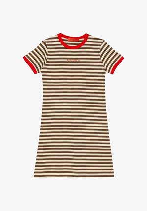 Robe à manches courtes, longueur au genou, avec des rayures horizontales marron et blanches, col et poignets rouges, et petit logo rouge "MAX&Co." sur la poitrine.
