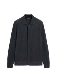 Tmavě šedý pletený cardigan vyrobený z měkké pleteniny, s límečkem, předními knoflíky a dlouhými rukávy s uvolněným střihem.