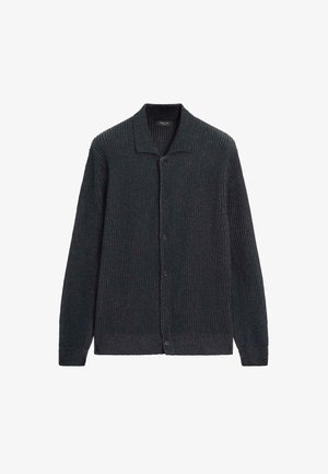 Cardigan côtelé gris foncé en tissu tricoté doux, avec un col, des boutons sur le devant et des manches longues à coupe décontractée.