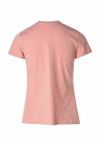 Camiseta de algodón rosa de manga corta con cuello redondo y textura suave, que presenta un ajuste ligeramente entallado en la cintura.
