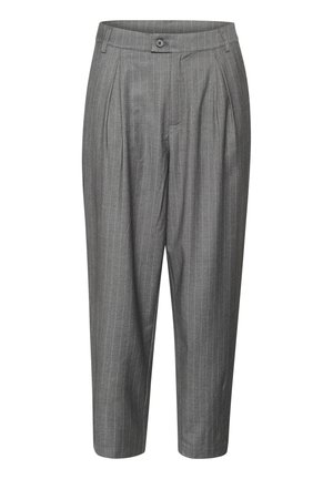 Pantaloni grigi a righe con pieghe, chiusura con bottone e lunghezza cropped. Realizzati in un tessuto testurizzato adatto per abbigliamento formale.
