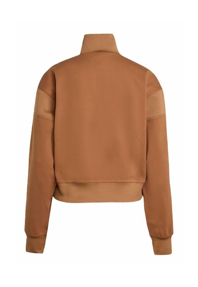 Brauner verkürzter Sweatshirt mit hohem Kragen, strukturierten Schulterpaneelen und geripptem Saum. Glattes Gewebe mit taillierter Silhouette.