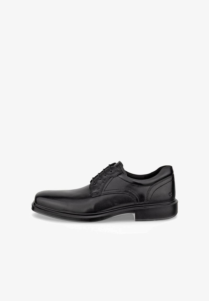 Chaussure habillée à lacets pour homme en cuir noir avec finition lisse et petit talon, vue de côté sur fond blanc.