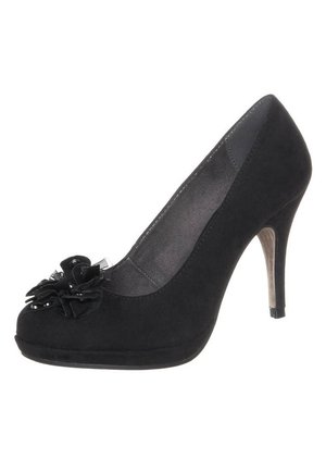 Des escarpins en suède noir avec un bout arrondi, ornés d'un accent floral avec des embellissements, et un talon en bois fin.
