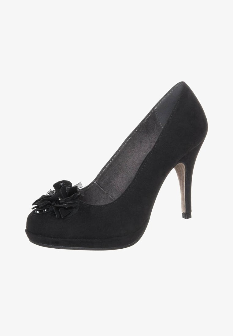 Svarta mocka högklackade skor med rund tå, prydda med en blomdekoration med utsmyckningar och en smal träklack.