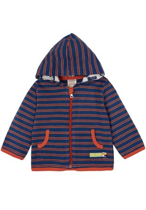 Marineblauer Kapuzenjacke für Kleinkinder mit orangenen horizontalen Streifen, Reißverschluss vorne, zwei Taschen und kontrastierendem orangen Besatz an Bündchen und Saum.