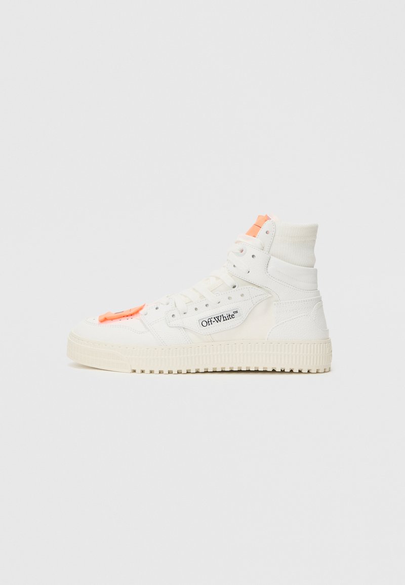 High-top sneakers in white canvas with a textured finish. Features orange accents, prominent logo, and a rugged rubber sole.