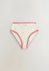 Puuvillane bikiinipaar, millel on kreemjas taust ja roosa ning rohelise lillemuster. Roosa pitsääris vööl ja jalgade avades.