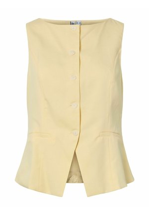 Gilet senza maniche di un leggero giallo con cinque bottoni frontali, due tasche laterali e un leggero svaso a peplum all'orlo.