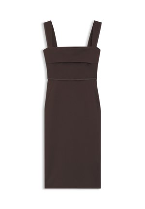 Dunkelbraunes ärmelloses Midikleid mit breiten Schultergurten und tailliertem Bund, auf weißem Hintergrund dargestellt.