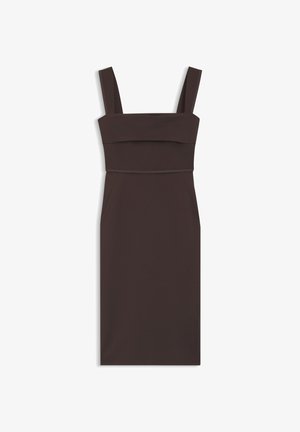 Dunkelbraunes ärmelloses Midikleid mit breiten Schultergurten und tailliertem Bund, auf weißem Hintergrund dargestellt.