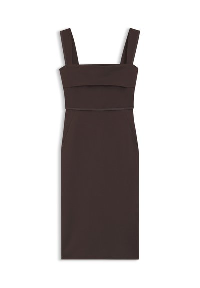 Robe midi marron foncé sans manches avec larges bretelles et taille cintrée, présentée sur un fond blanc.