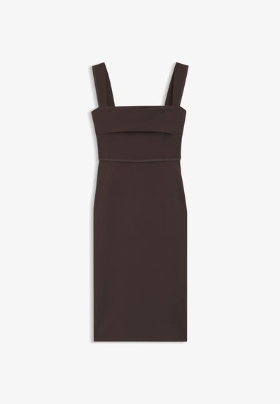 Robe midi marron foncé sans manches avec larges bretelles et taille cintrée, présentée sur un fond blanc.