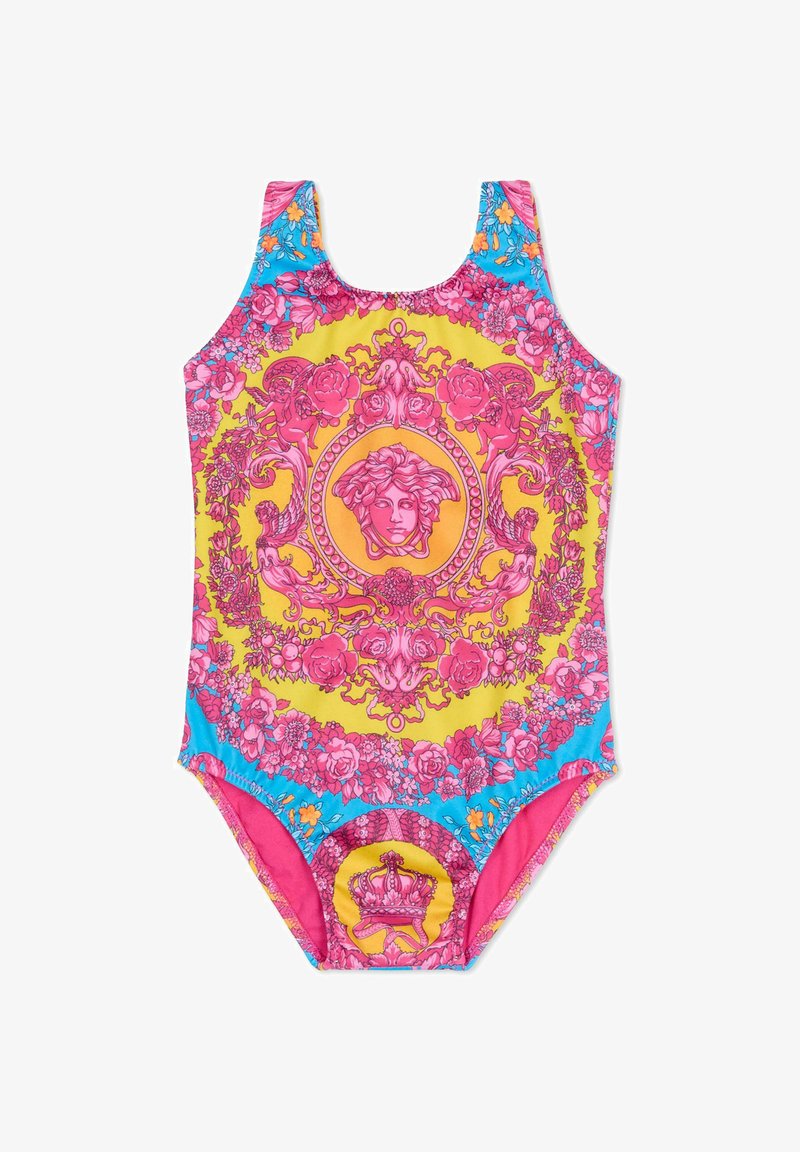 Maillot de bain une pièce avec un motif floral vif en jaune, rose et bleu, un dessin graphique central et des accents contrastants sur les bretelles.