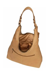 Grande borsa a mano in pelle color beige con superficie testurizzata, scomparto principale con zip e una tasca anteriore aggiuntiva. Include una tracolla regolabile.