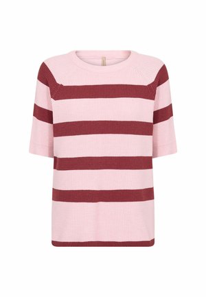 Trumpų rankovių dryžuotas megztinis šviesiai rožinės ir burgundiškos spalvos. Megztas audinys su apvalia iškirpte ir raglaninėmis rankovėmis.