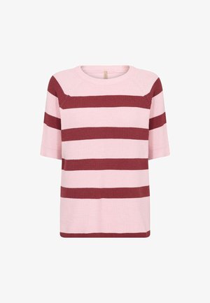 Svītrains īsroku džemperis gaiši rozā un burgundijas krāsā. Adīts materiāls ar apaļu izgriezumu un raglāna piedurknēm.