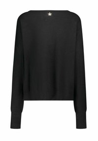 Maglione nero a maniche lunghe con una piccola decorazione a forma di stella argentata al centro della parte superiore della schiena.