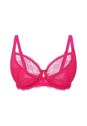 Roze kanten beha met verstelbare banden, ondersteuning door beugels, een sleutelgatdetail in het midden en golvende randen langs de cups.