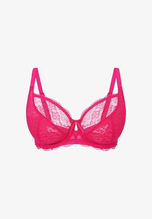 Rosa Spitzen-BH mit verstellbaren Trägern, Stützunterwäsche, einem Schlüssel-Loch-Detail in der Mitte und gewellten Kanten entlang der Cups.