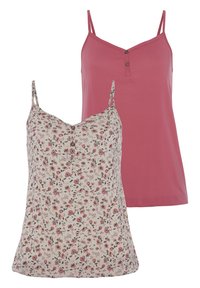 Ärmellose Unterhemden: eines in einheitlichem Pink, das andere in Weiß mit floralem Muster. Beide haben dünne Träger und Knopfdetails auf der Vorderseite. Weicher Stoff.