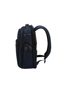 Zaino navy in tessuto testurizzato, con più scomparti con zip, spallacci imbottiti e una tasca laterale per un accesso facile agli oggetti.