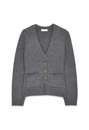 Grijze gebreide cardigan met een V-hals, vijf houten knopen, twee voorzakken en geribbelde mouwen en zoom.