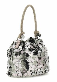 Sac seau en sequins avec un système de fermeture à cordon ; présente des sequins circulaires métalliques rose et argent, et une poignée texturée beige.