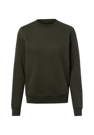 Donkergroene sweater met ronde hals en lange mouwen, met geribde boorden en zoom, weergegeven op een witte achtergrond.
