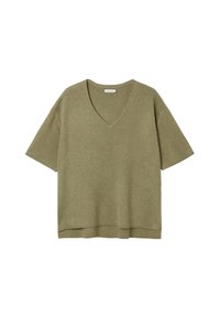 Olivgrön V-ringad kortärmad skjorta i mjukt tyg med avslappnad passform och lätt kortad nederkant.