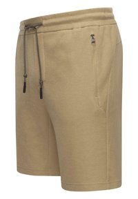 Béžové sportovní šortky z texturovaného materiálu, s elastickým pasem a šňůrkami na stažení, a boční kapsou na zip.
